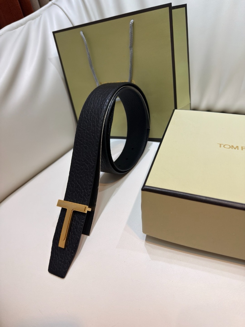 Tom Ford Black Leather Belt with Gold T Buckle